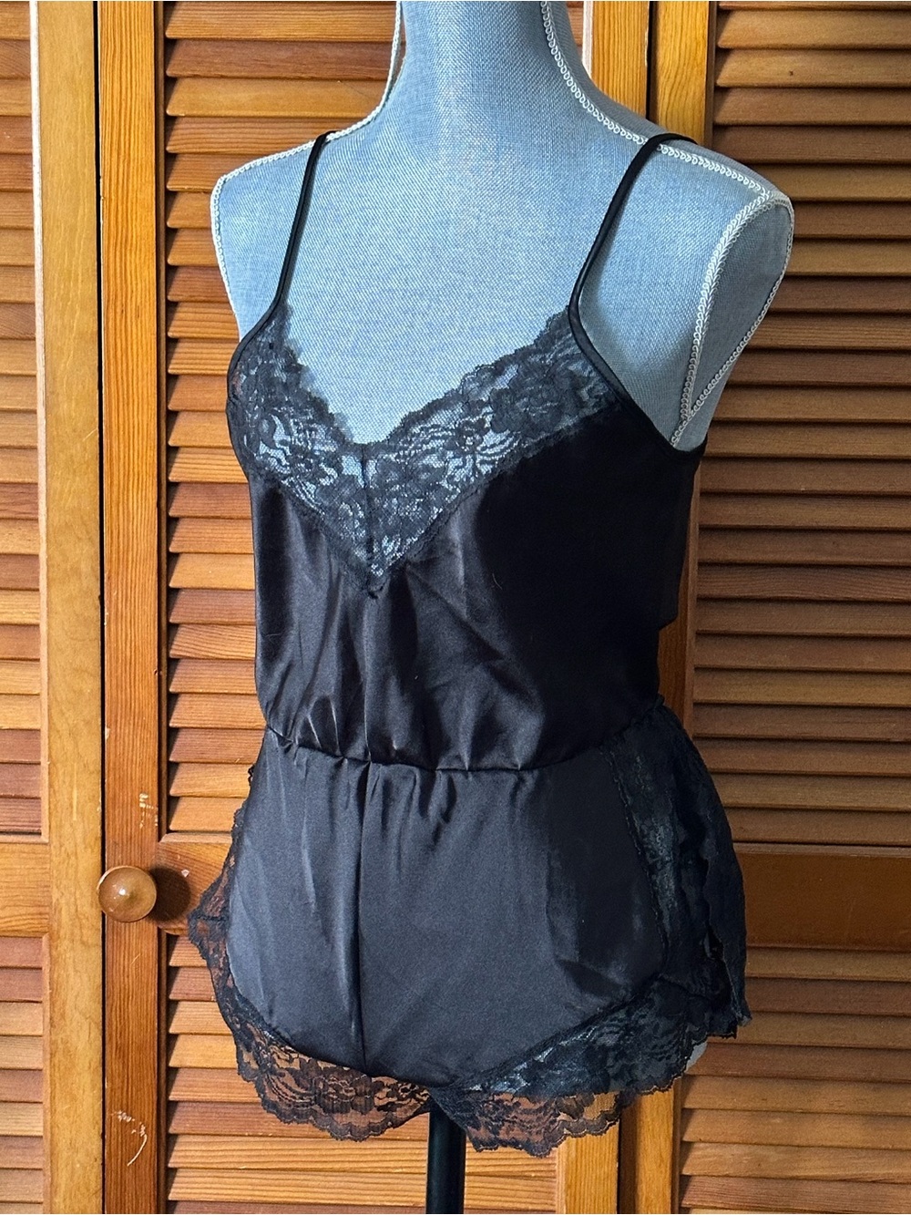 Vintage 80s Black Lace-Trim Satin Teddy Romper